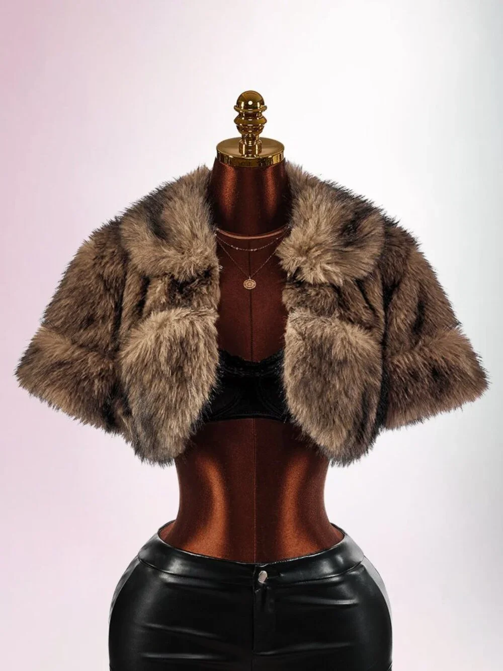 Brown Party Women's Cropped Faux Fur Jacket